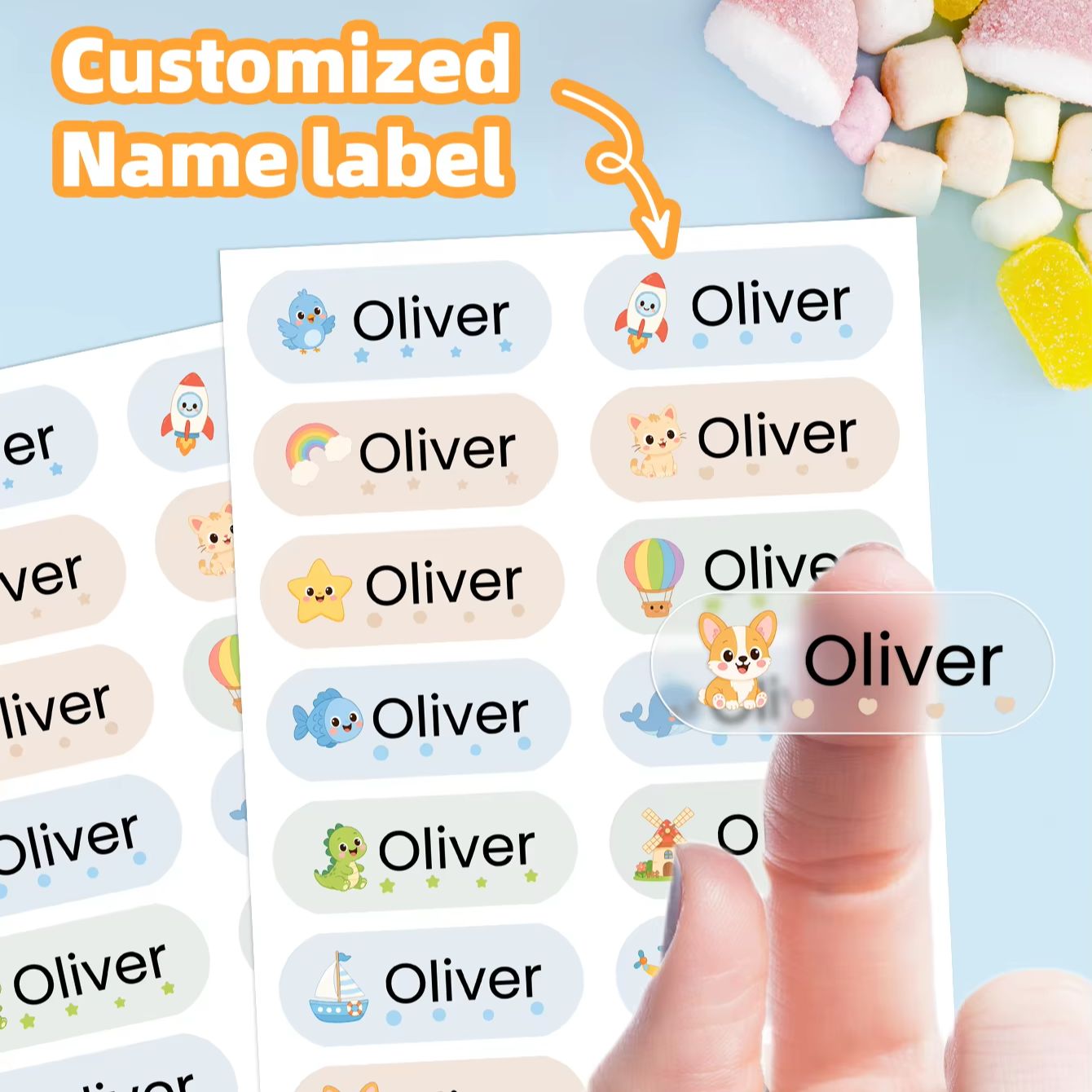 Personalised Candle Label - 1–400 Stück individuelle Cartoon-Namensaufkleber, wasserfeste personalisierte