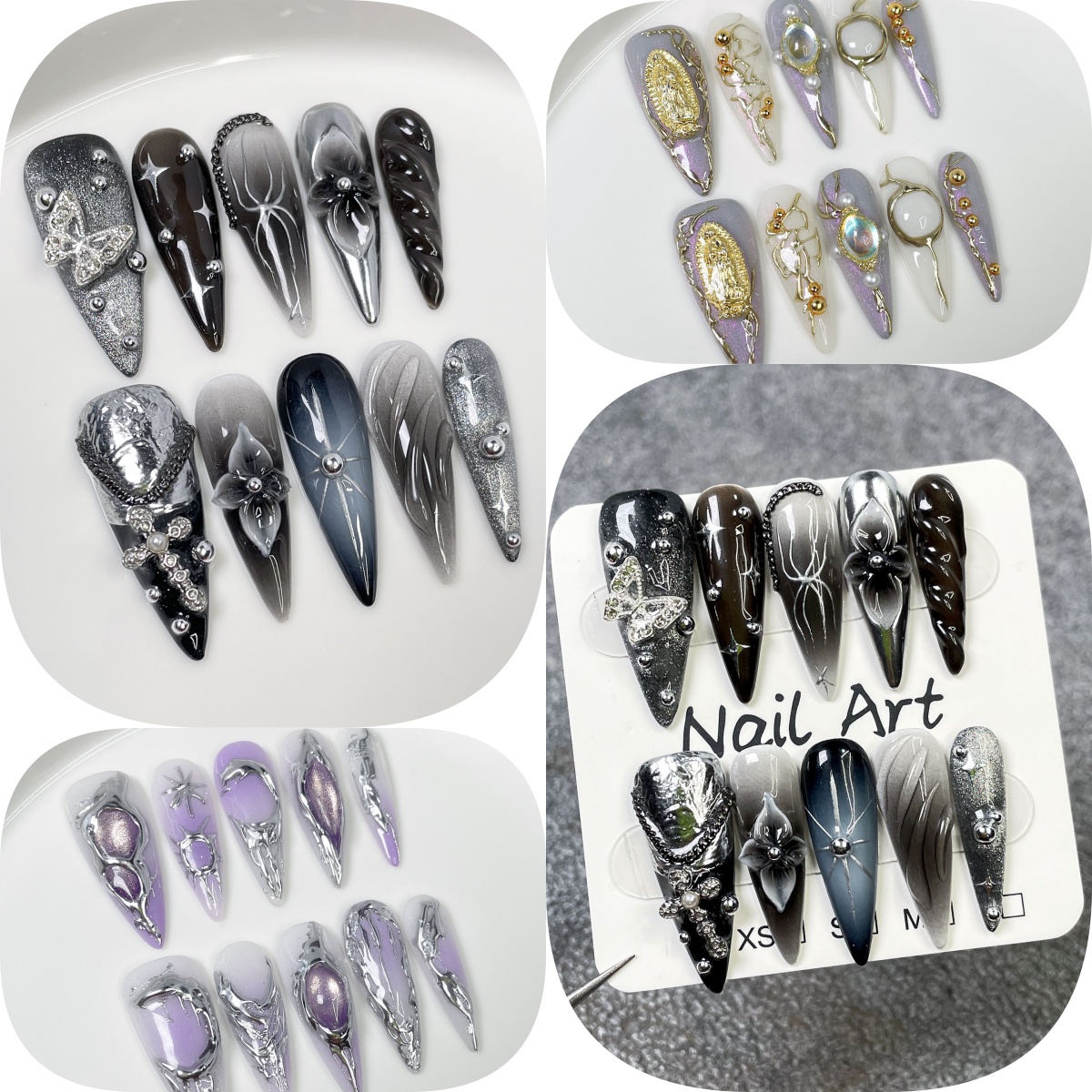 Pressed Flower Art - 10 Stück schwarzer Farbverlauf, lange Stiletto-Nägel